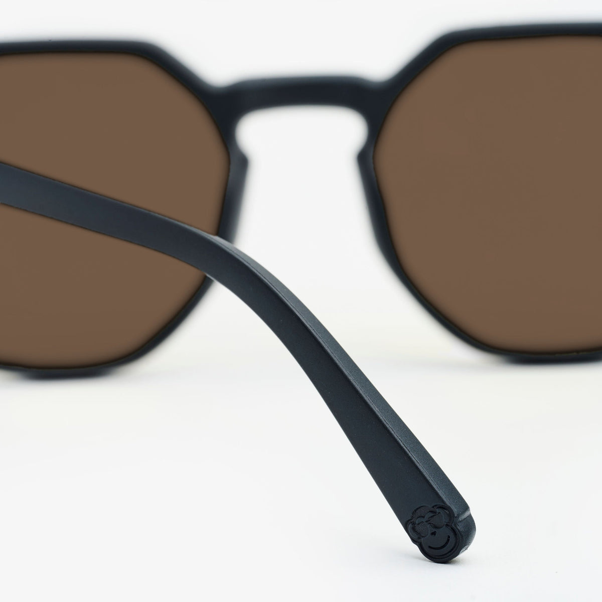 Detalle de los lentes café y la varilla negra de las gafas Aruba Black - Sajú